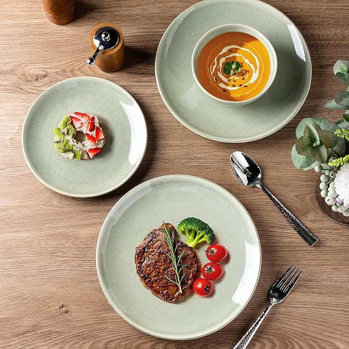 AmorArc Ceramic Dinnerware Sets for 4, 12 Pieces Handpainted Plates and Bowls Set, Scratch Resistant Stoneware Dishes Set, Dishwasher & Microwave Safe, Olive Green