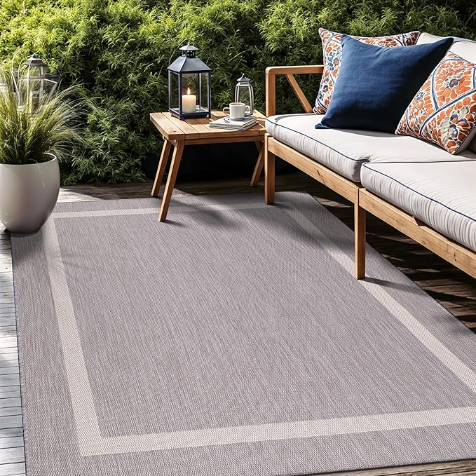 Bordered Outdoor Rug 8x10 Washable Outside Carpet for Indoor Patio Porch Waterproof Easy Cleaning Non Shedding Area Rugs Gray 8 x 10