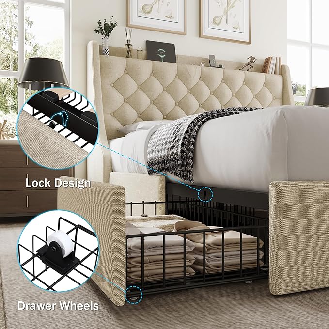 Queen Bed Frame with 4 Storage Drawers, Huge Upholstered Wingback Headboard, Fast Charging Station, No Box Spring Needed, Noise-Free, Beige