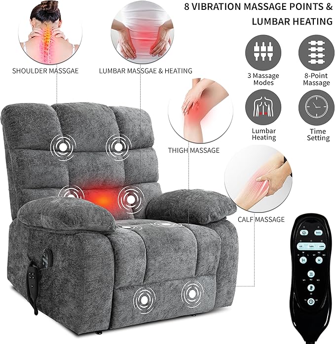 Power Lift Recliner Chair for Elderly People, Lay Flat Recliner with Vibration Massage and Lumbar Heating, Lift Chair with Infinite Position and 2 Remote Controls, Chenille Fabric Gray