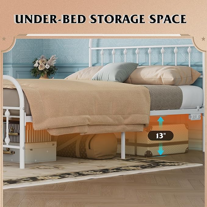 WLIVE Full Size Bed Frame with Headboard, Full Bed Frame with LED Lights and Charging Station, Metal Platform Bed with Storage, White