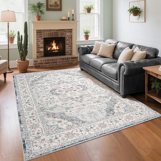 Vintage Area Rug 5x7 Rugs, Machine Washable Rug Non-Slip Low Pile Rug for Living Room, Bedroom, Farmhouse, Dining Room, Blue