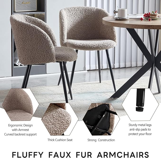 Dining Table Set for 2 with Chairs, 37" Engineered Wood Round Table Wipe Clean with 2 Fluffy Sherpa Arm Chairs, Modern Dinette Set with Metal Legs for Breakfast, Dining Room, Coffee Shop