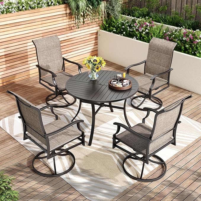 PHI VILLA 5 Piece Patio Dining Set, 4 Outdoor Swivel Dining Chairs and Large Round Dining Table(1.57’’ Umbrella Hole), All Weather Table and High Back Chairs for Outdoor Lawn Garden
