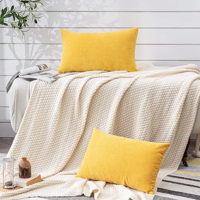 GAWAMAY Lumbar Pillow Cover Decorative Throw Pillow Covers 12"x20" Inch Set of 2, Super Soft Chenille Pillowcase for Living Room Bedroom Sofa Couch Cushion Cover Mustard Yellow 30x50cm (ONLY Covers)