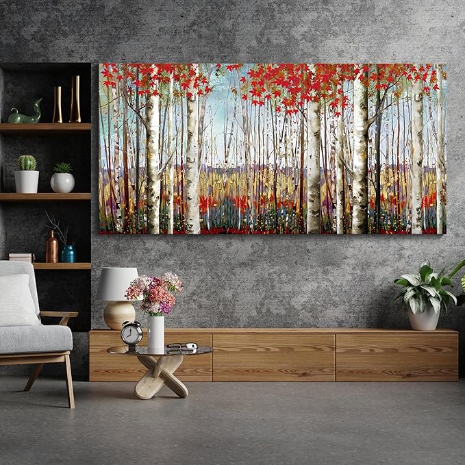 Canvas Wall Art for Living Room Bedroom Modern Wall Decor of Red Leaves White Birch Tree Forest Painting Artwork Wall Decoration 29x58 Large Size with Wood Framed Easy to Hang for Home