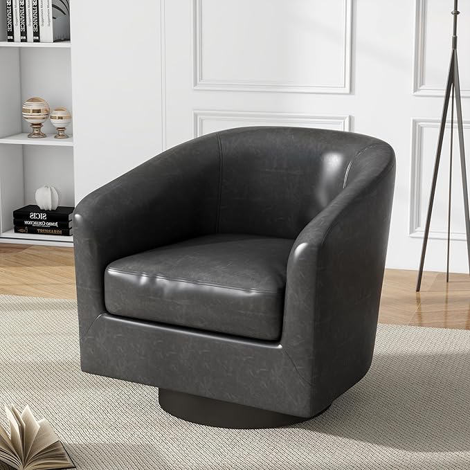 UIXE PU Leather Swivel Barrel Accent Chair Armchair for Living Room, Modern Round Club Arm Chair Upholstered Single Sofa Seating Corner Nook Side Reading Seat - Black