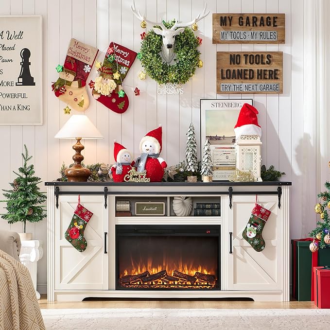 Farmhouse Fireplace TV Stand for 75,80 Inch TV, 32" Tall Entertainment Center w/4 Drawers & Sliding Barn Door, 70-Inch Highboy Media Console for Living Room, Off White