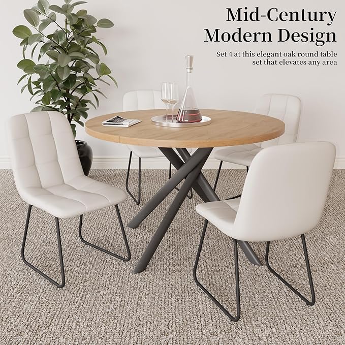 45.3 Inch Round Dining Table Set for 4, Mid Century Modern Small Kitchen Coffee Set for Dining Room Kitchen Apartment (Oak Table + 4 U-Shaped White Chairs)