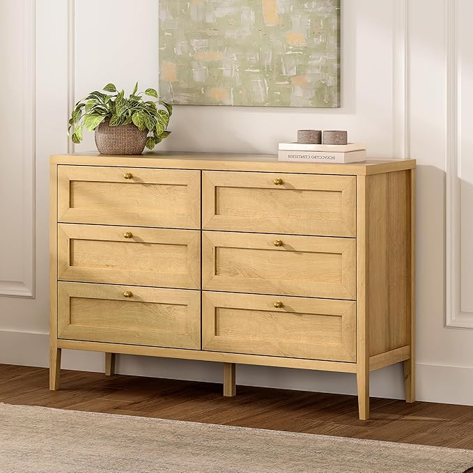 Mid Century Modern 6 Drawer Dresser for Bedroom 47" Wide Chest of Drawers Wooden Storage Dresser Organizer TV Stand for Living Room, Hallway, Natural Oak