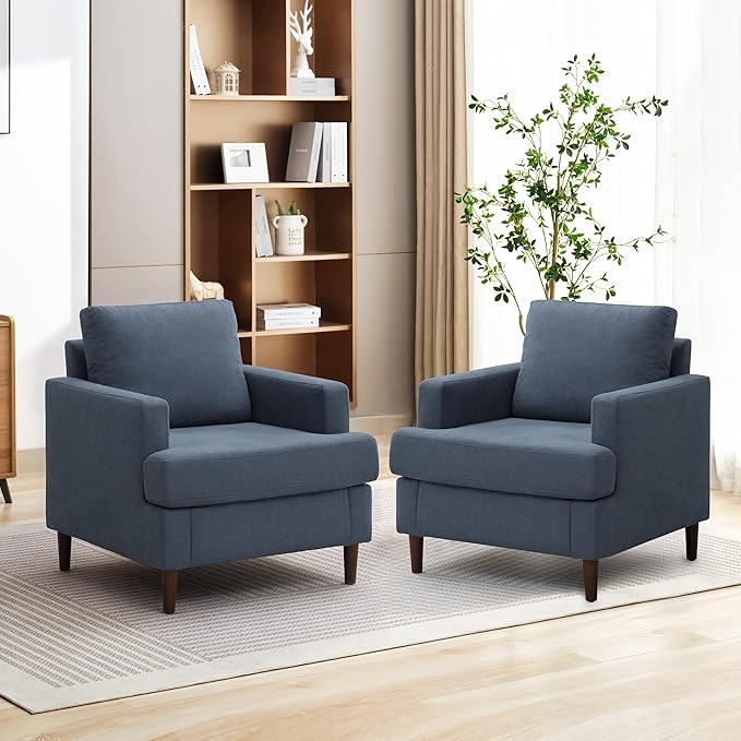 Mid-Century Accent Chair,Modern Linen Fabric Armchair for Living Room,Comfy Upholstered Reading Accent Chairs for Bedroom,Single Sofa Chair with Wood Legs (Blue Grey, 2 Pack)