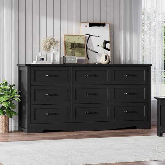 Black Dresser for Bedroom, 59'' Wide Chest of Drawers with Natural Wood Texture, 9 Drawer Dresser for Closet with Metal Handles, Sleek Storage Solution for Living Room, Office, Hallway