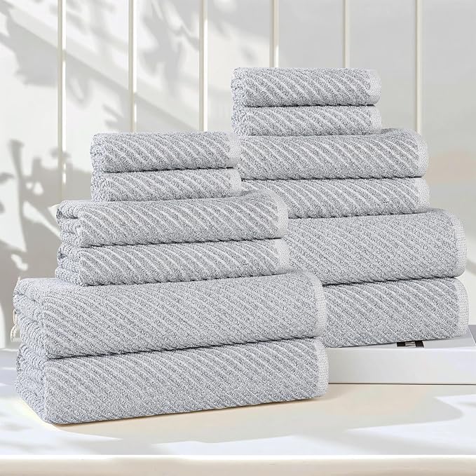 Superior Amelia Viscose Cotton Blend Medium Weight Towels, for Bathroom, Shower, Spa, Plush, Quick Dry, Ultra-Soft Towels, Bath Essentials, Ribbed Design, 12 Piece Assorted Towel Set, Denim Blue