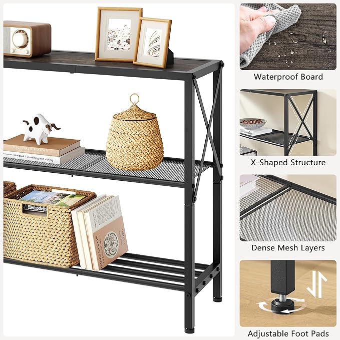 Hoctieon Industrial Console Table, 3 Tier Entryway Table, Hallway Table, Narrow Sofa Table with Shelves, Entrance Table for Entryway, Living Room, Foyer, Hallway, Office, Grey