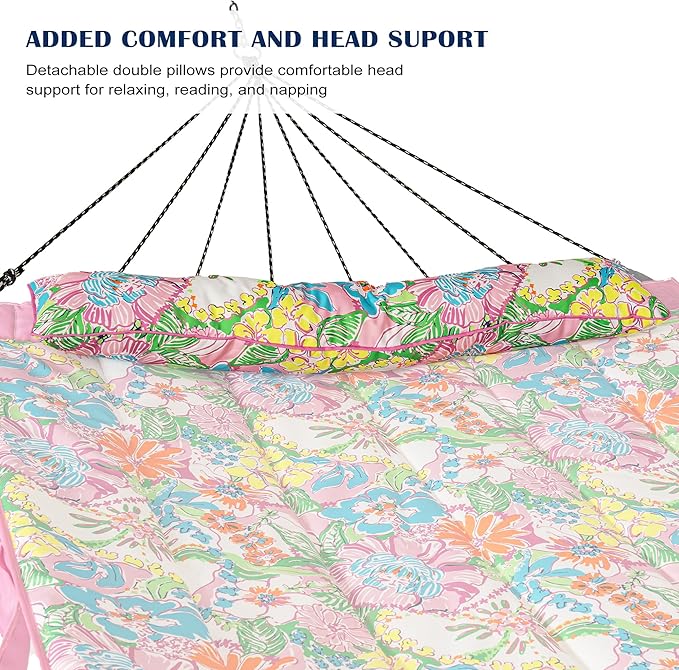 Lazy Daze Hammocks 12 FT Quilted Fabric Hammock with Curved Aluminium Spreader Bar, Outside Double Thickened Hammock with Soft Pillow, Side Pocket 450 Lbs Capacity for Patio, Poolside, Floral