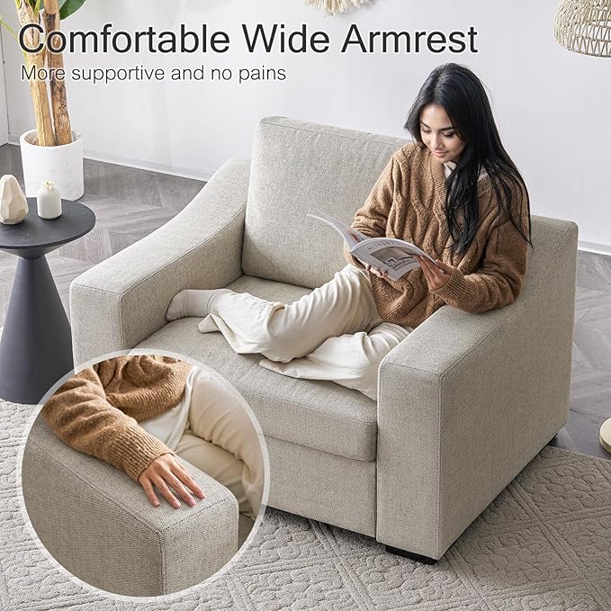 ELUCHANG 47" W Oversized Accent Chair, Linen Fabric Modern Chair with Deep Seat, Washable Covers, Comfy Upholstered Large Chair Armchair Sofa Chair Reading Chair for Living Room Bedroom Office,Oatmeal