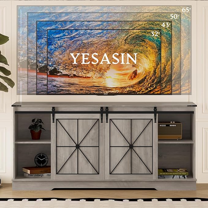 Farmhouse TV Stand for 55 60 65 Inch TV, Mid Century Modern TV Cabinet with Storage and Sliding Barn Doors, Easy Assembly, Entertainment Center Console Table for Bedroom Living Room -Wood Gray