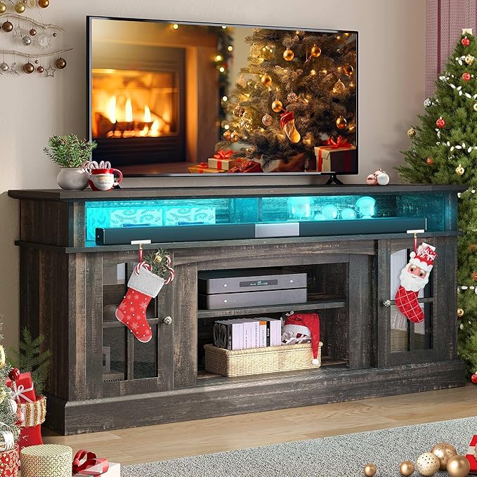 YITAHOME LED Farmhouse TV Stand for 65 Inch w/Outlets, Modern Entertainment Center with Glass Doors and Adjustable Storage Shelves, Media Console TV Cabinet for for Living Room, Dark Rustic Oak