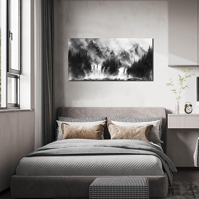 Mountain Wall Art For Office - Black And White Pictures Wall Art For Living Room - Forest Wall Decor For Bedroom Size 20" x 40"