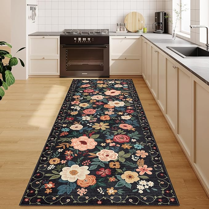 DUKINO 2x6 Runner Rug for Hallway, Washable Kitchen Runner Rug with Non Slip Backing, Low Pile Soft Boho Floral Runner for Kitchen, Hallway, Entryway, Laundry, Bedroom, Black