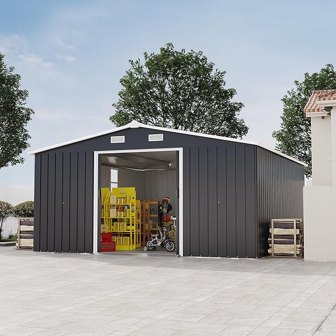 10x12 FT Outdoor Storage Shed, Large Metal Garden Shed with 2 Windows, Outside Tool Sheds with Lockable Sliding Doors, Waterproof Storage Building with 4 Air Vents for Backyard, Patio, Lawn, Dark Gray