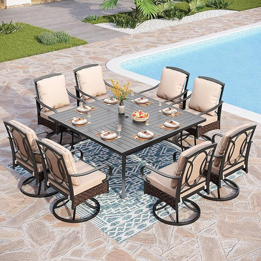 PHI VILLA 9-Piece Outdoor Dining Sets, 60x60 All-Weather Patio Table and Chairs Set for 8, Heavy Duty Patio Table Set Square for Deck, 8 Extra Large Outdoor Swivel Chairs with Thick Cushions