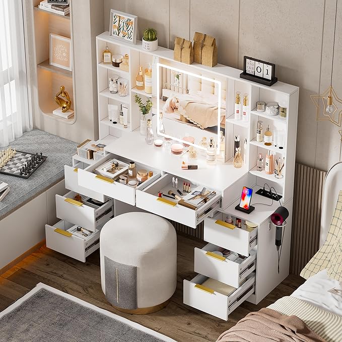 Large Makeup Vanity Desk with Lighted Mirror & Power Outlet,Dresser Table with 3 Lighting Modes Brightness Adjustable,Drawers,Shelves,Hair Dryer Stand for Bedroom,White (No Stool)