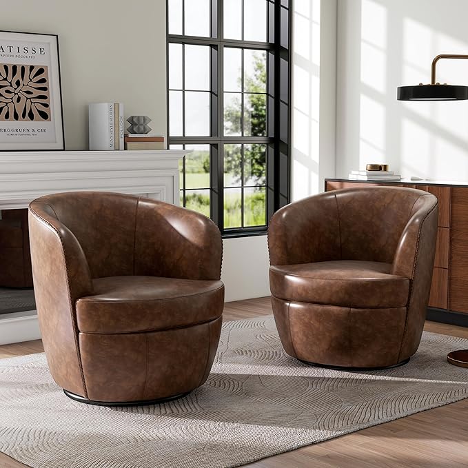 Swivel Barrel Chair, Modern Round PU Leather Accent Armchair for Living Room, Bedroom, Comfy Club Reading Chairs for Adults (Leather Coffee, Set of 1)