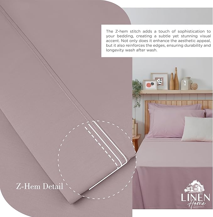 Linen Home 100% Cotton Percale Sheets Twin XL Size, Mauve Lavender, Deep Pocket, 3 Pieces Set - 1 Flat, 1 Deep Pocket Fitted Sheet and 1 Pillowcase, Crisp Cool and Strong Bed Linen