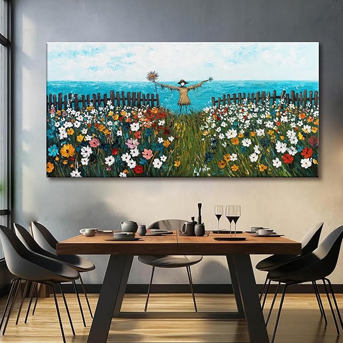 Tsomzxng Large Wall Art For Living Room Scene Canvas Art Wall Decor Picture Artwork Blue Sea Colorful Flowers Print Painting Scarecrow Landscape Bedroom Office Home Wall Decor 29x58 Inch