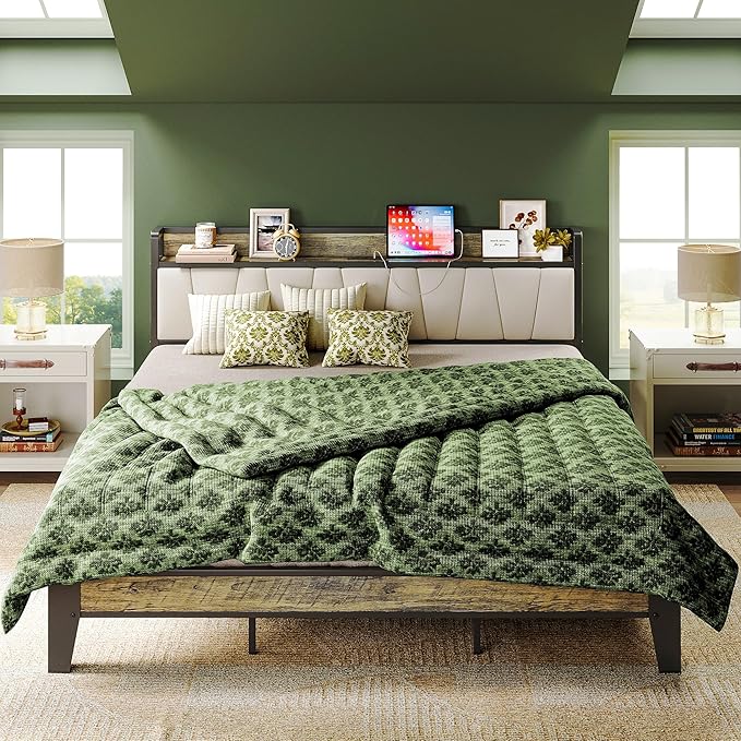 LIKIMIO California King Bed Frame, Storage Headboard with Charging Station, Solid and Stable, Noise Free, No Box Spring Needed, Easy Assembly (Walnut and Beige)