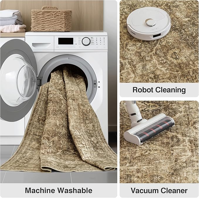 FMFUNCTEX 5x7 Washable Area Rug Neutral Vintage Brown Non Slip Low Pile Traditional Indoor Carpet for Living Room Bedroom Soft Retro Floral Mat Throw Rug for Dining Office Kitchen Dorm Entryway