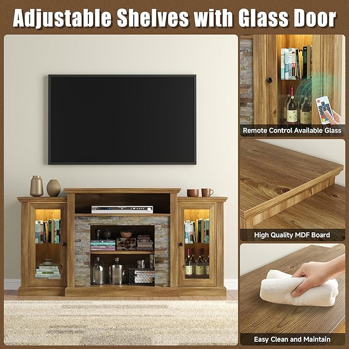 59 inch TV Stand, Farmhouse Entertainment Center with LED Lighted Display Cabinets, Console Table with Faux Flat Stone Texture for Living Room Bedroom,Antique Pine