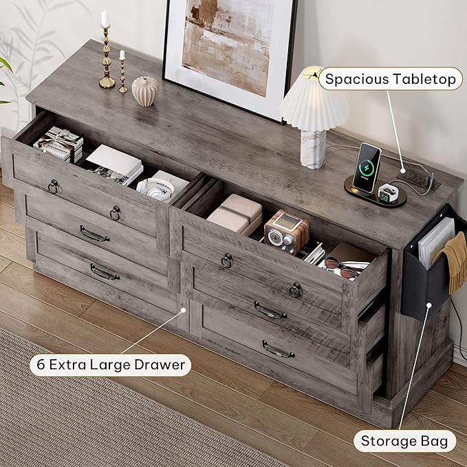 DWVO Farmhouse 6 Drawers Dresser, 59" Wide Wood Rustic Chest of Drawers with Nice Texture, Vintage Design, Storage Dressers Organizer for Living Room, Hallway, Grey