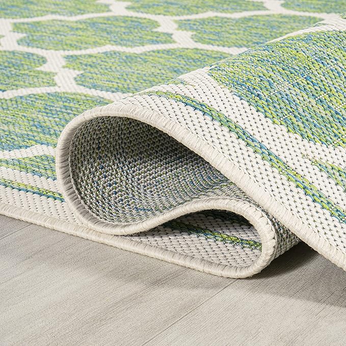 Eyely BMS109I-5R Santa Monica Trebol Moroccan Trellis Textured Weave Indoor/Outdoor Area Rug Coastal;Bohemian, Bedroom, Backyard, Patio, Easy-Cleaning, Non-Shedding, 5' Round, Cream/Green
