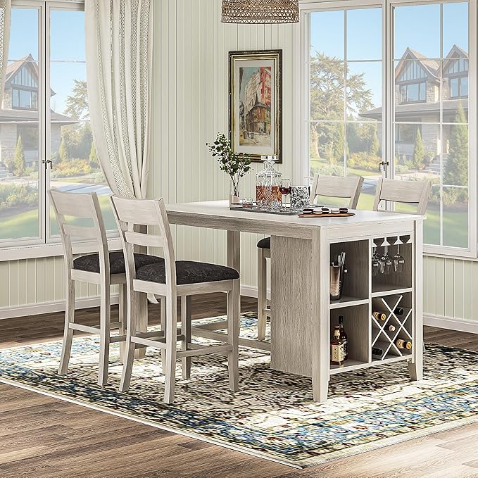 5-Piece Solid Wood Dining Table Set for 4 with Storage Shelves/Wine Rack/Glass Holder, Modern Breakfast Dinette Kitchen Table with Chairs for Dining Room, Kitchen, Grey