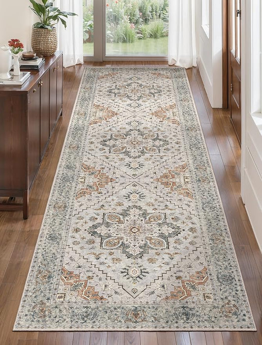Tangsoo 2.6x8 Washable Runner Rug for Hallways, Non Slip Vintage Runner Rugs, Soft Low Pile Long Rugs Print Distressed Taupe Carpet Runners for Kitchen Bedroom Entryway Bathroom Living Room