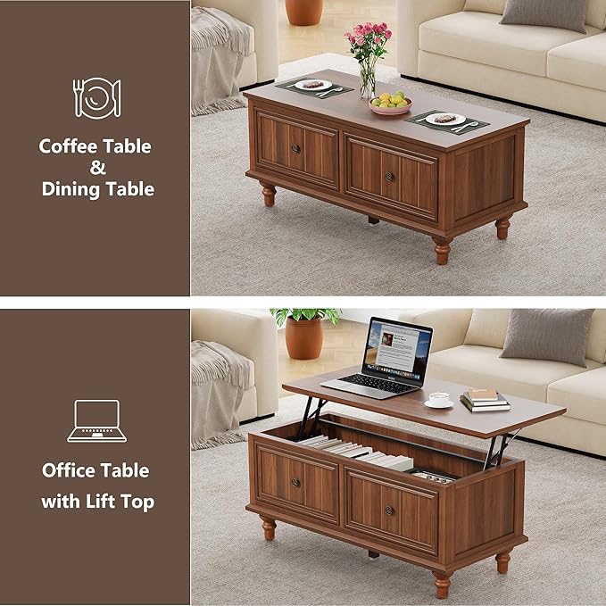 39" Lift Top Coffee Table for Hidden Compartment, Wood Coffee Tables with Shelf, Farmhouse Rectangular Center Table Dining Table for Living Room Home Office Small Space (Walnut)
