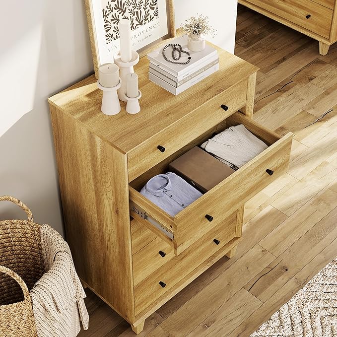 5 Drawer Dresser for Bedroom, Tall Modern Chest of Drawers, Beveled Profile Design, Wood Drawer Organizer for Bedroom, Living Room, Hallway and Entryway,Oak