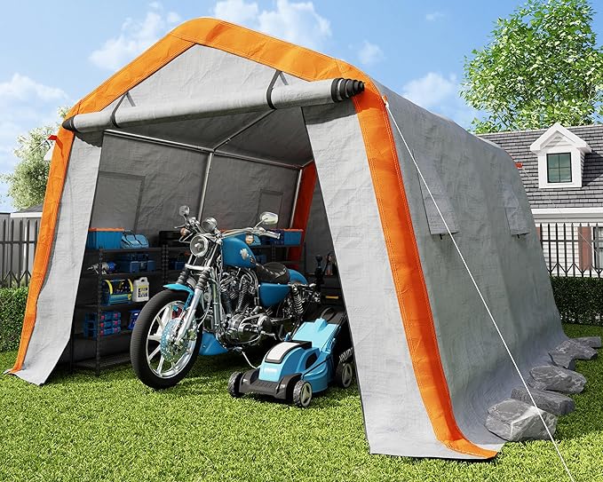 AMERLIFE 10.5x12x8 FT Heavy Duty Portable Shed Storage Shelter, Outdoor Storage Shed with 4 Waterproof Windows & Roll-up Zipper Door, Carport for Motorcycle, Bike, Gray