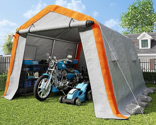 AMERLIFE 10.5x12x8 FT Heavy Duty Portable Shed Storage Shelter, Outdoor Storage Shed with 4 Waterproof Windows & Roll-up Zipper Door, Carport for Motorcycle, Bike, Gray