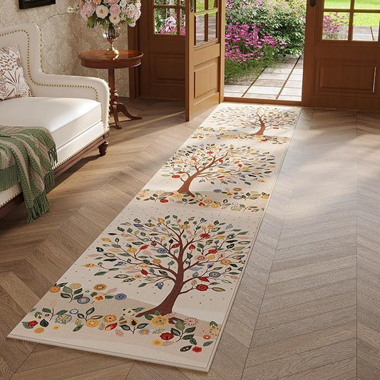 Runners for Kitchen Runner Rug Non Slip 2'x10' Long Washable Rugs Floral Tree with Rubber Backing Bohemian Soft Carpet Runner for Kitchen, Laundry, Bedroom, Bathroom, Beige