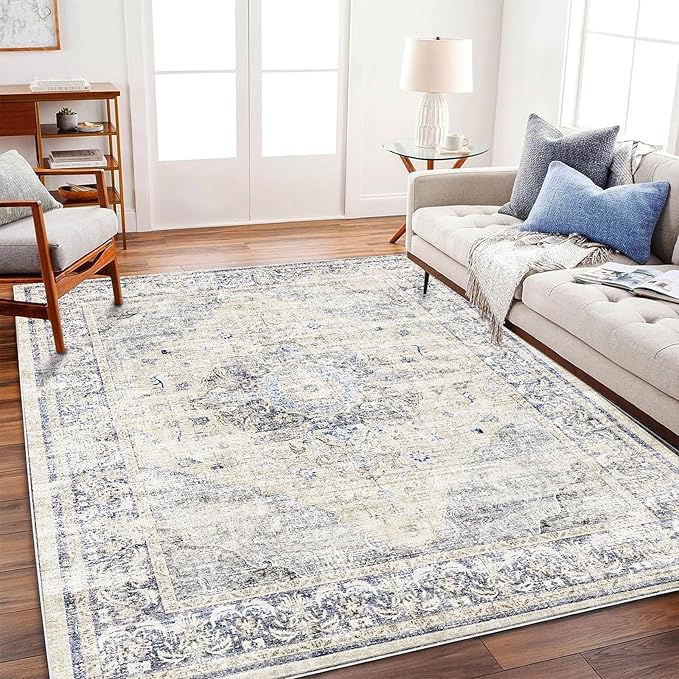 Washable Area Rug 4'x6' Floral Blue Traditional Floor Cover Foldable Thin Rugs Retro Kitchen Indoor Distressed Non Slip Carpet Floral Print Mat Bedroom Living Room