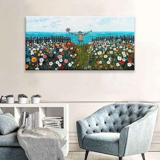 Wall Art For Living Room Painting Blue Sea Abstract Wall Art Colorful Flowers Canvas Art Wall Decor Scarecrow Landscape Artwork Bedroom Dining Room Home Office Modern Artwork Home Decoration 24"X48"