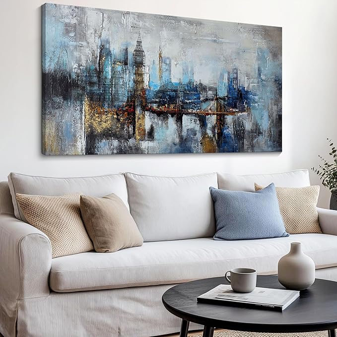 Pogusmavi Large Wall Art for Bedroom Abstract City View Canvas Art Modern Home Decor Gray Blue Buildings Prints for Bedroom Wall Art Office Artwork Wall Decor for Living Room Decor 24x48 inches
