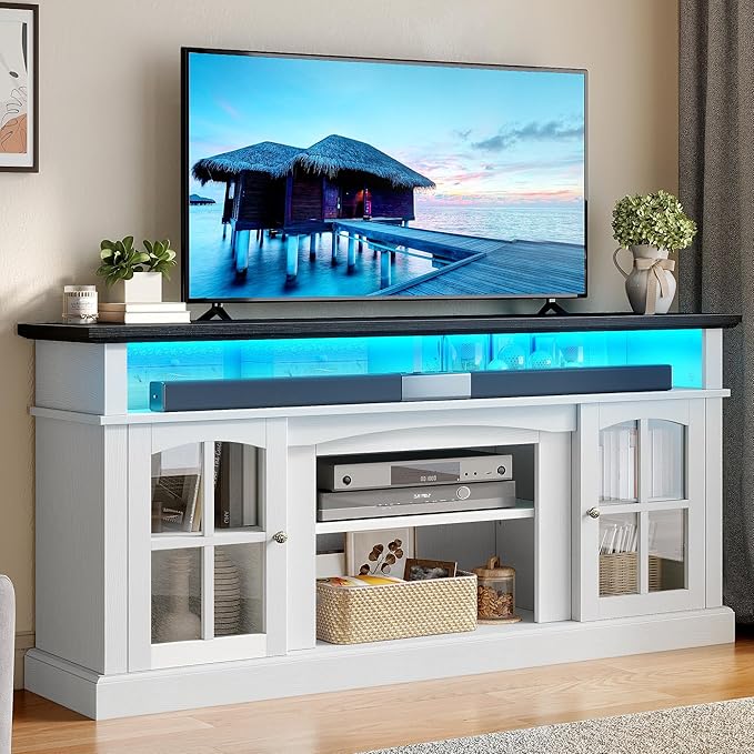 YITAHOME LED Farmhouse TV Stand for 75 Inch w/Outlets, Modern Entertainment Center with Glass Doors and Adjustable Storage Shelves, Media Console TV Cabinet for for Living Room, White/Black
