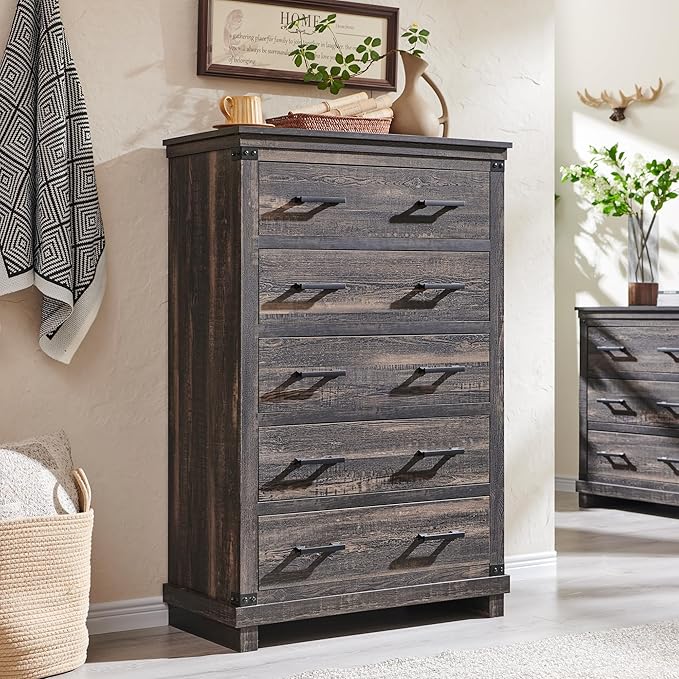 Farmhouse 5 Drawers Dresser for Bedroom, Wood Tall Chest of Drawers with Thick Plank Styling, Rustic Closet Dresser for Bedroom, Living Room, Dark Rustic Oak