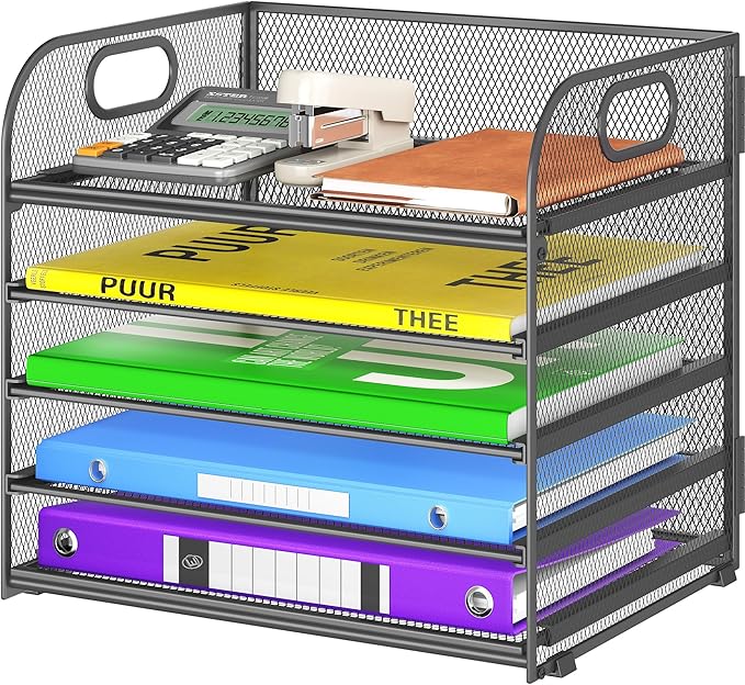 5 Tier Paper Organizer with Handle, Metal Mesh Desk Organizer File Folder Paper Letter Tray Desktop Document Sorter for Classroom, School, Office Accessories Organization and Storage - Grey