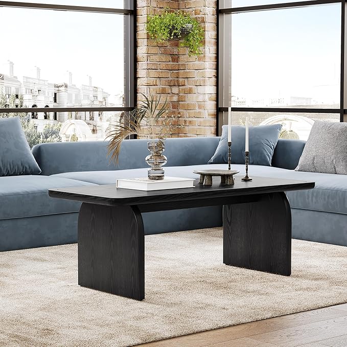 LITTLE TREE Farmhouse Coffee Table, 47 Inches Wooden Center Tables with Rounded Corners, Rectangular Living Room Tables, Modern Low Cocktail Tea Furniture for Living Room (Black)
