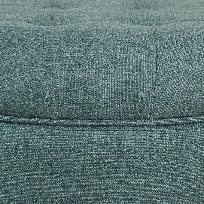 HomePop by Kinfine Fabric Upholstered Round Storage Ottoman - Button Tufted Ottoman with Removable Lid, Teal Woven